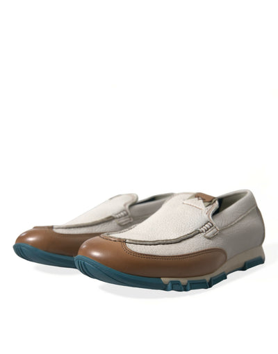 Dolce & Gabbana Weiß Braun Leder Slip On Männer Mokassin Schuhe