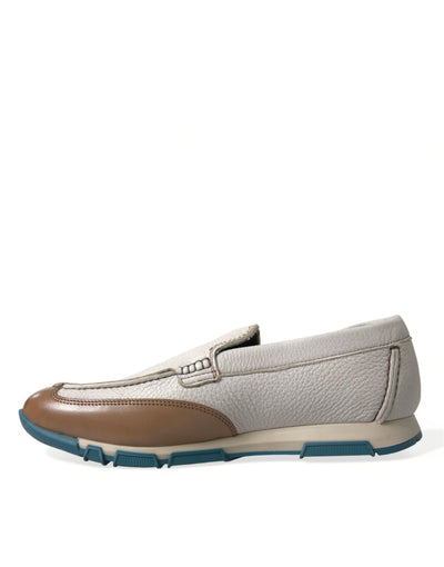 Dolce & Gabbana Weiß Braun Leder Slip On Männer Mokassin Schuhe