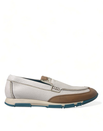 Dolce & Gabbana Weiß Braun Leder Slip On Männer Mokassin Schuhe