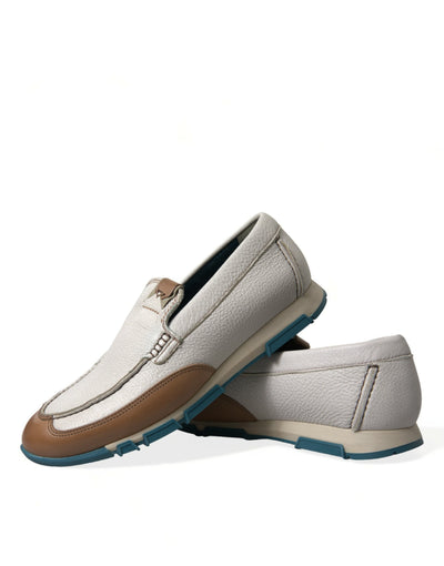 Dolce & Gabbana Weiß Braun Leder Slip On Männer Mokassin Schuhe