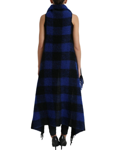 Dolce & Gabbana Schwarz Blau Büffelkaro Poncho Mantel Pullover