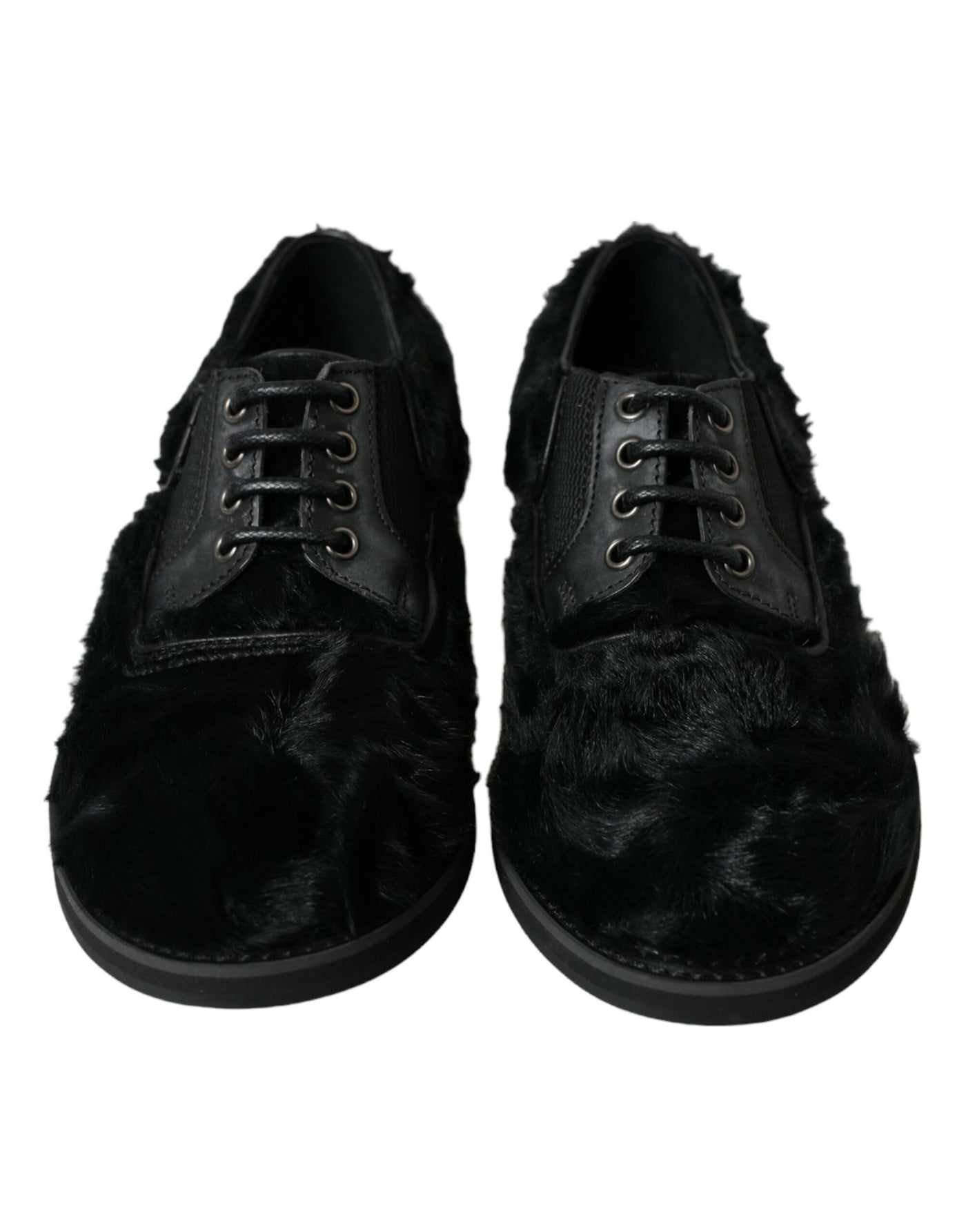 Dolce & Gabbana Schwarze Pelz Leder Schnürschuhe Derby Dress