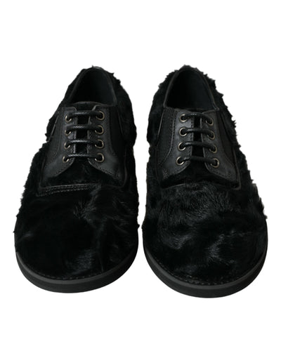 Dolce & Gabbana Schwarze Pelz Leder Schnürschuhe Derby Dress