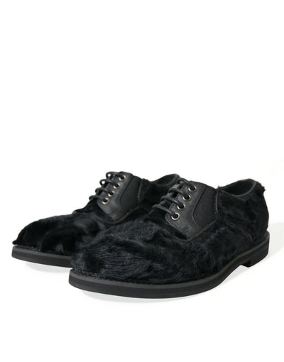 Dolce & Gabbana Schwarze Pelz Leder Schnürschuhe Derby Dress