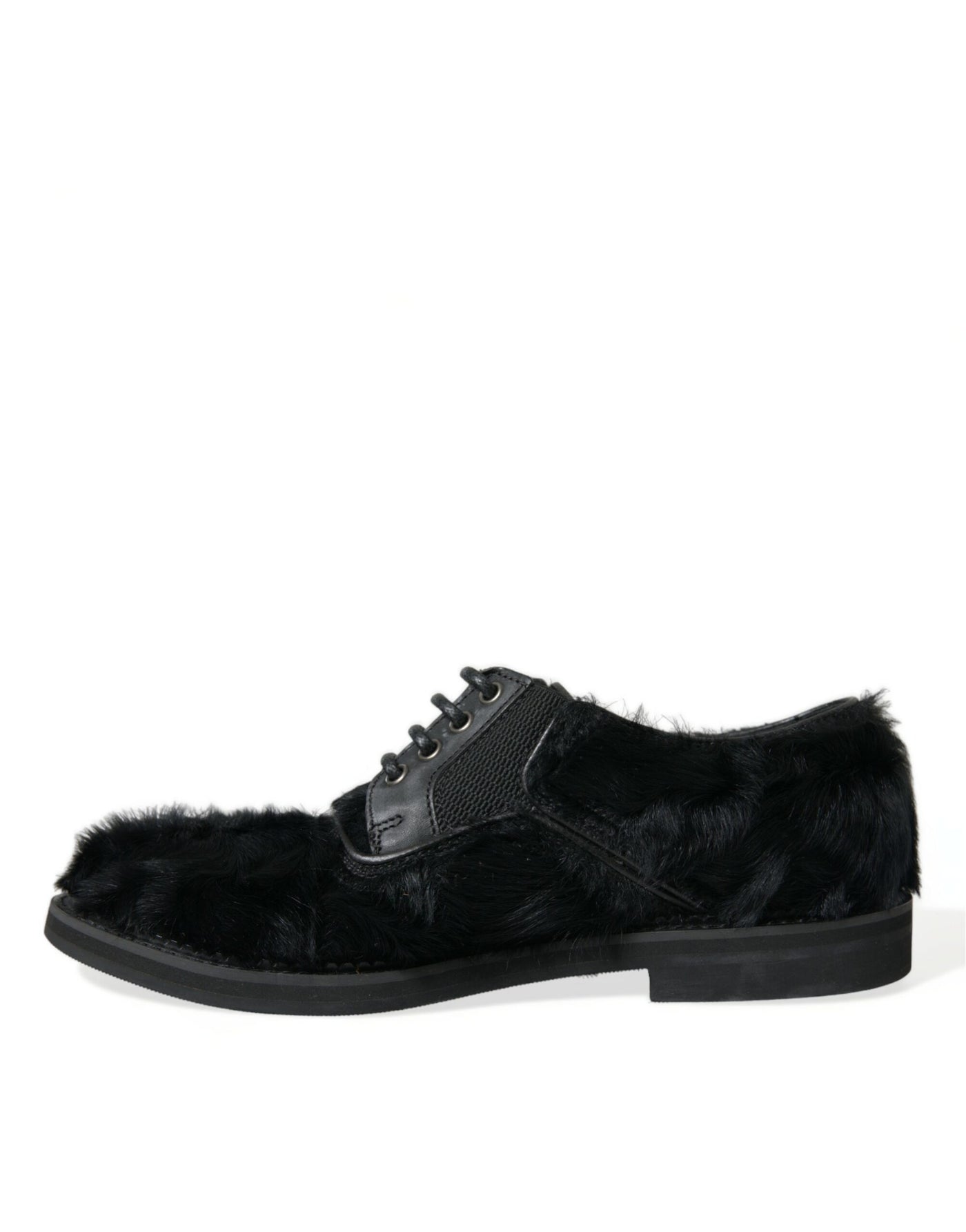 Dolce & Gabbana Schwarze Pelz Leder Schnürschuhe Derby Dress