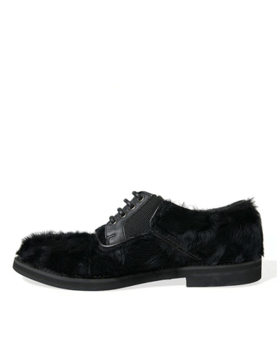 Dolce & Gabbana Schwarze Pelz Leder Schnürschuhe Derby Dress