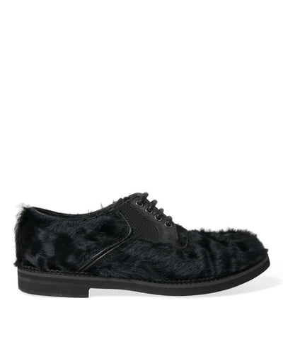 Dolce & Gabbana Schwarze Pelz Leder Schnürschuhe Derby Dress