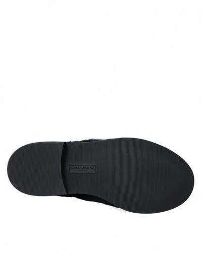Dolce & Gabbana Schwarze Pelz Leder Schnürschuhe Derby Dress