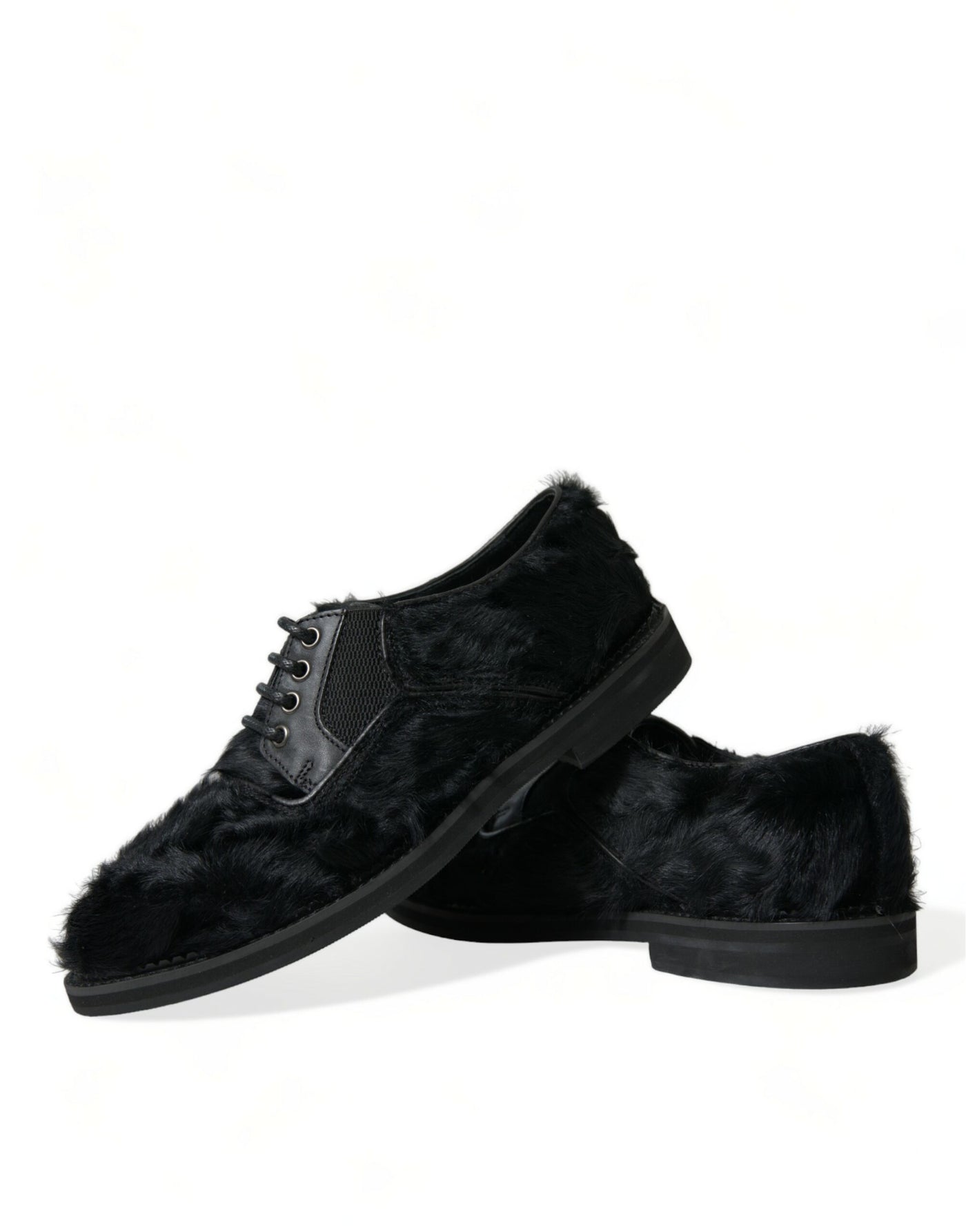 Dolce & Gabbana Schwarze Pelz Leder Schnürschuhe Derby Dress