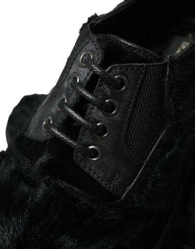 Dolce & Gabbana Schwarze Pelz Leder Schnürschuhe Derby Dress