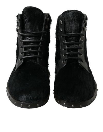 Dolce & Gabbana Schwarze Pony Style Leder Mid Calf Stiefel Schuhe