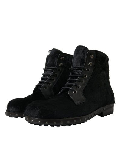 Dolce & Gabbana Schwarze Pony Style Leder Mid Calf Stiefel Schuhe