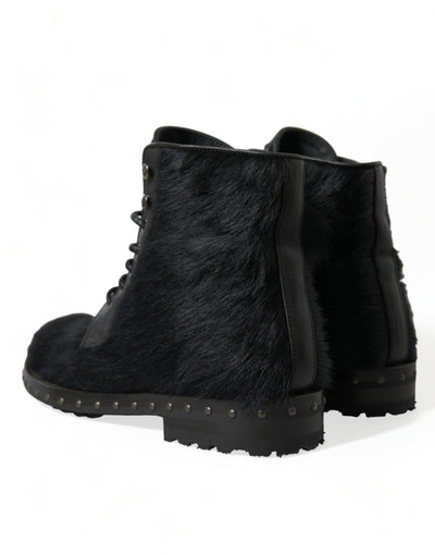 Dolce & Gabbana Schwarze Pony Style Leder Mid Calf Stiefel Schuhe