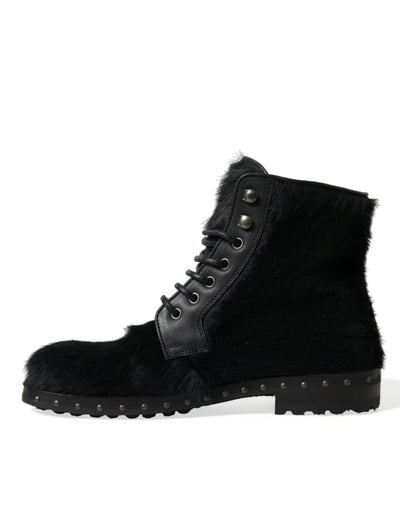 Dolce & Gabbana Schwarze Pony Style Leder Mid Calf Stiefel Schuhe