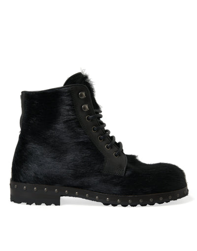 Dolce & Gabbana Schwarze Pony Style Leder Mid Calf Stiefel Schuhe