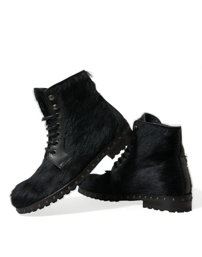 Dolce & Gabbana Schwarze Pony Style Leder Mid Calf Stiefel Schuhe