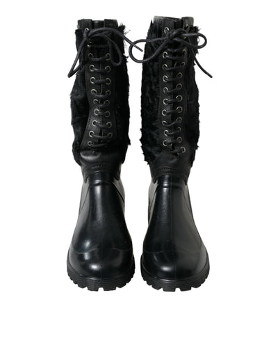 Dolce & Gabbana Schwarze Gummischnürsenkel Shearling Regenstiefel Schuhe