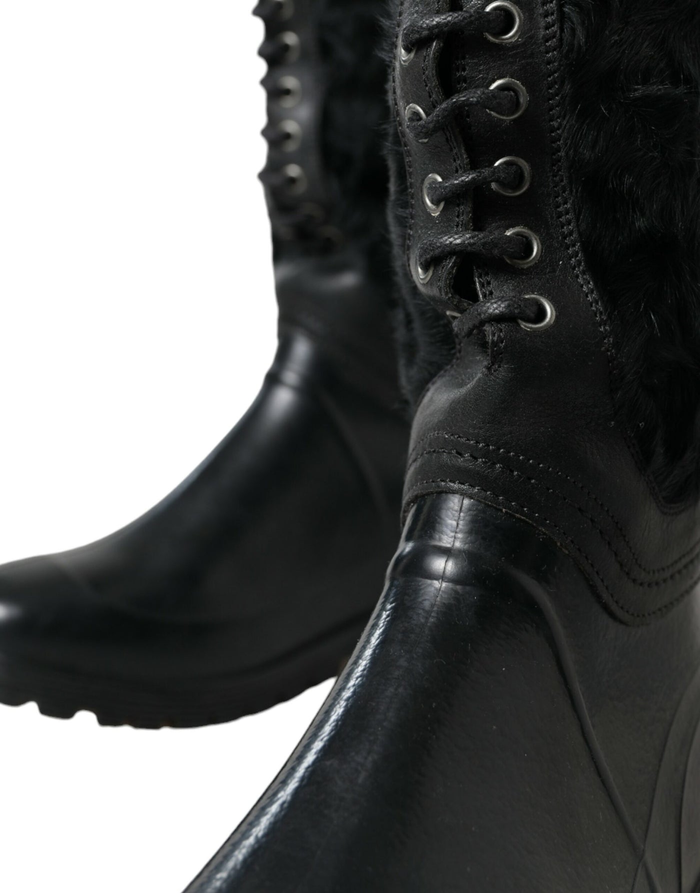 Dolce & Gabbana Schwarze Gummischnürsenkel Shearling Regenstiefel Schuhe