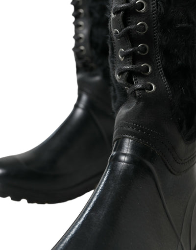 Dolce & Gabbana Schwarze Gummischnürsenkel Shearling Regenstiefel Schuhe