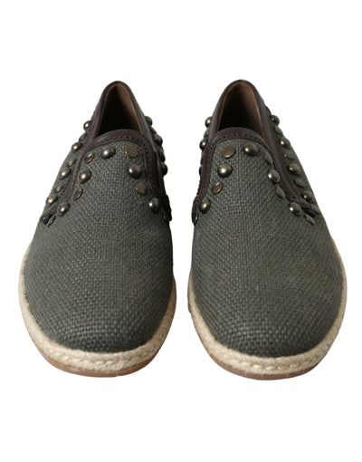 Dolce & Gabbana Graue Leinen Leder Nieten Loafers Schuhe