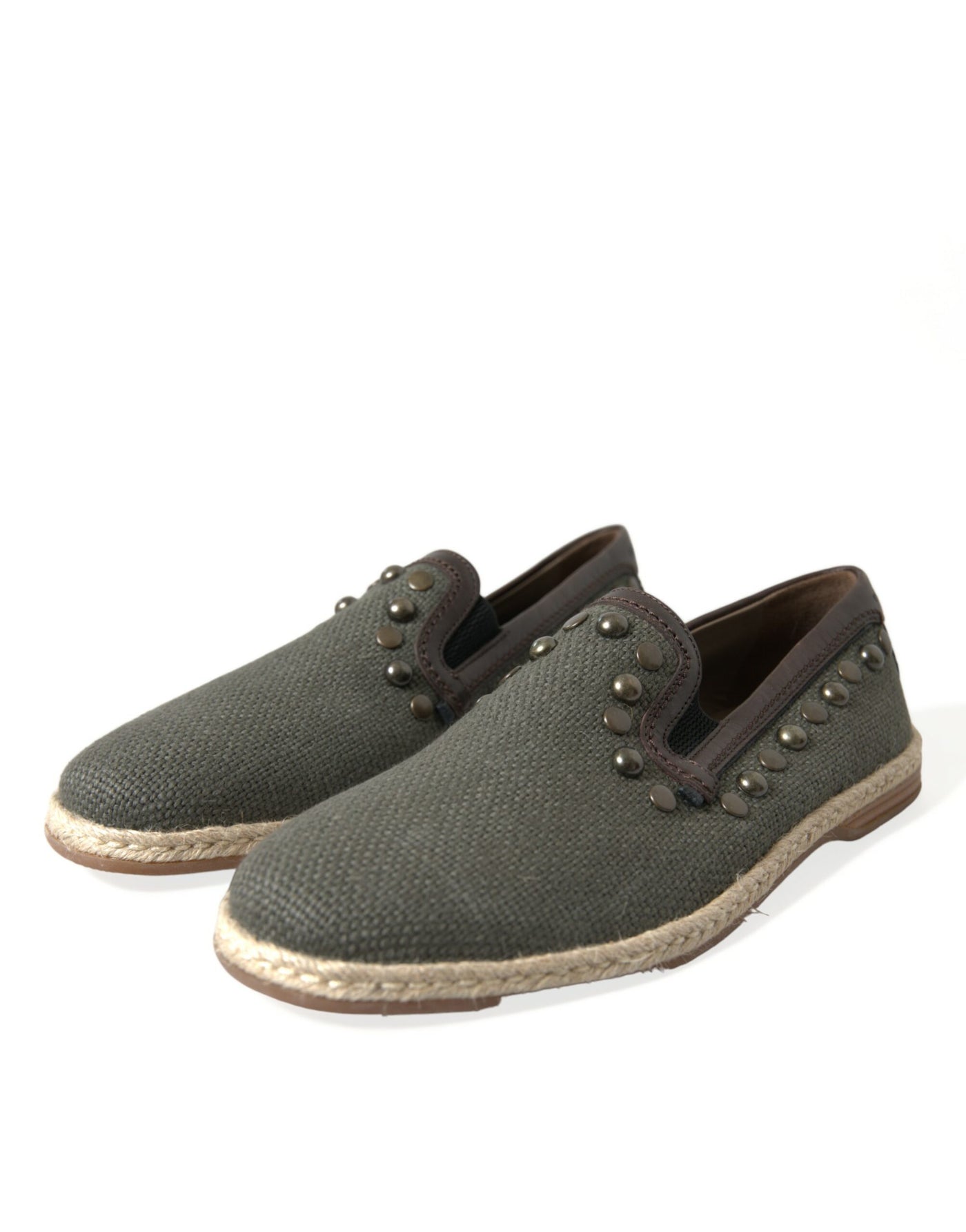 Dolce & Gabbana Graue Leinen Leder Nieten Loafers Schuhe