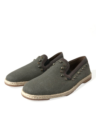 Dolce & Gabbana Graue Leinen Leder Nieten Loafers Schuhe