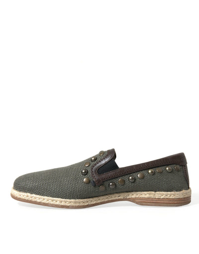 Dolce & Gabbana Graue Leinen Leder Nieten Loafers Schuhe