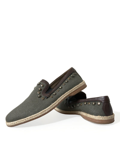 Dolce & Gabbana Graue Leinen Leder Nieten Loafers Schuhe