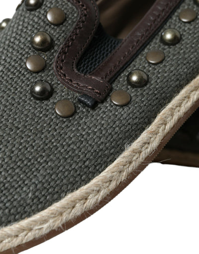 Dolce & Gabbana Graue Leinen Leder Nieten Loafers Schuhe