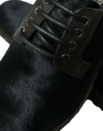 Dolce & Gabbana Schwarzer Stall Pelz Derby SAN PIETRO Kleid Schuhe