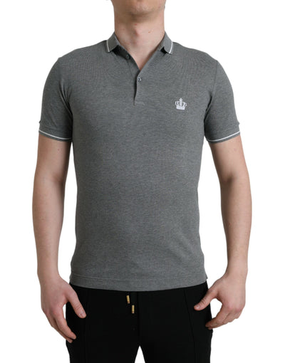 Dolce & Gabbana Graues Kurzarm-T-Shirt mit Kragen und Krone