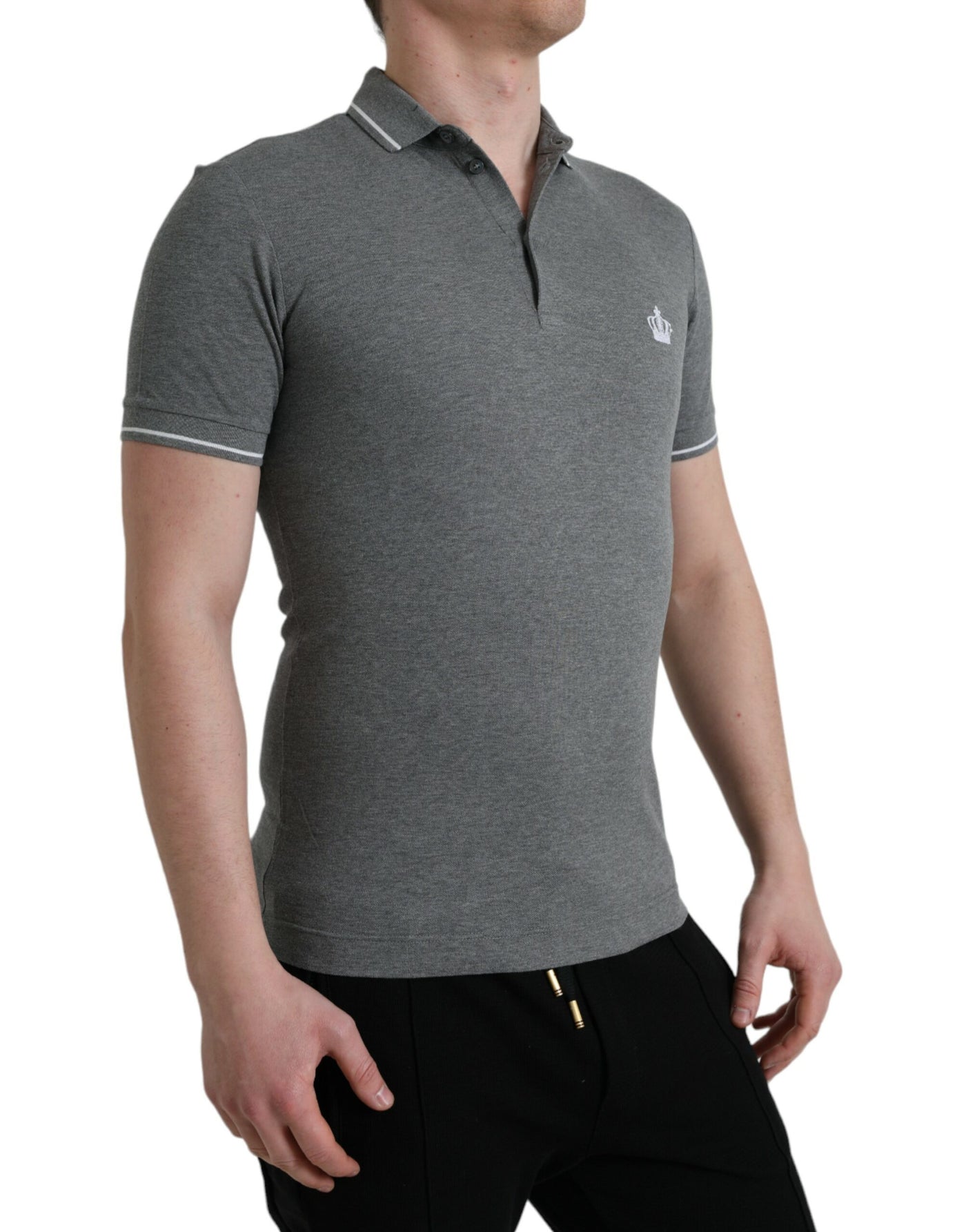 Dolce & Gabbana Graues Kurzarm-T-Shirt mit Kragen und Krone