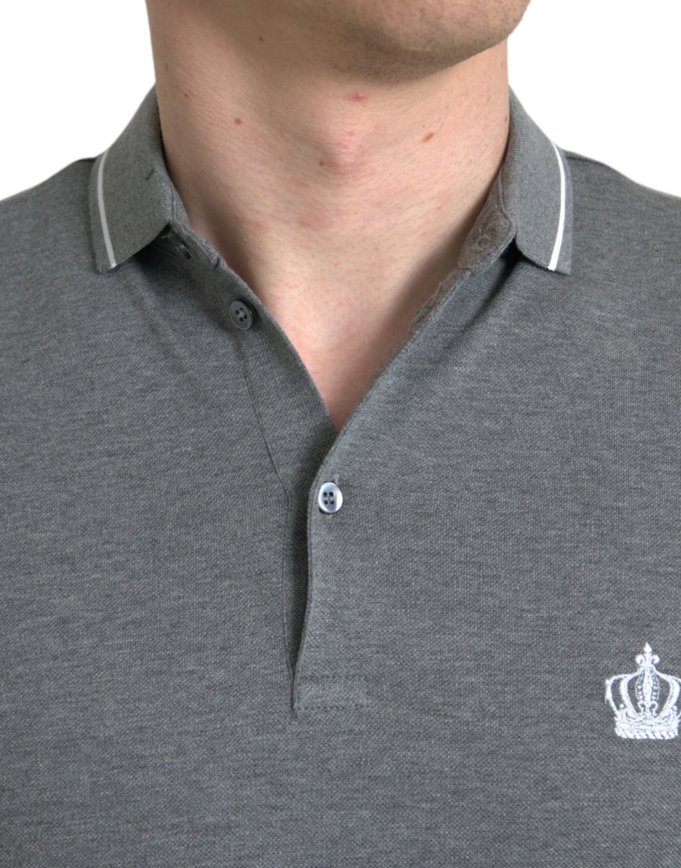 Dolce & Gabbana Graues Kurzarm-T-Shirt mit Kragen und Krone