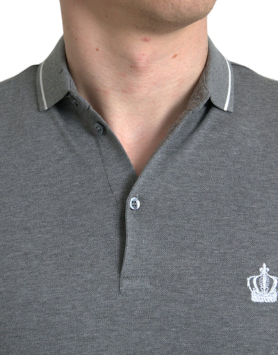 Dolce & Gabbana Graues Kurzarm-T-Shirt mit Kragen und Krone