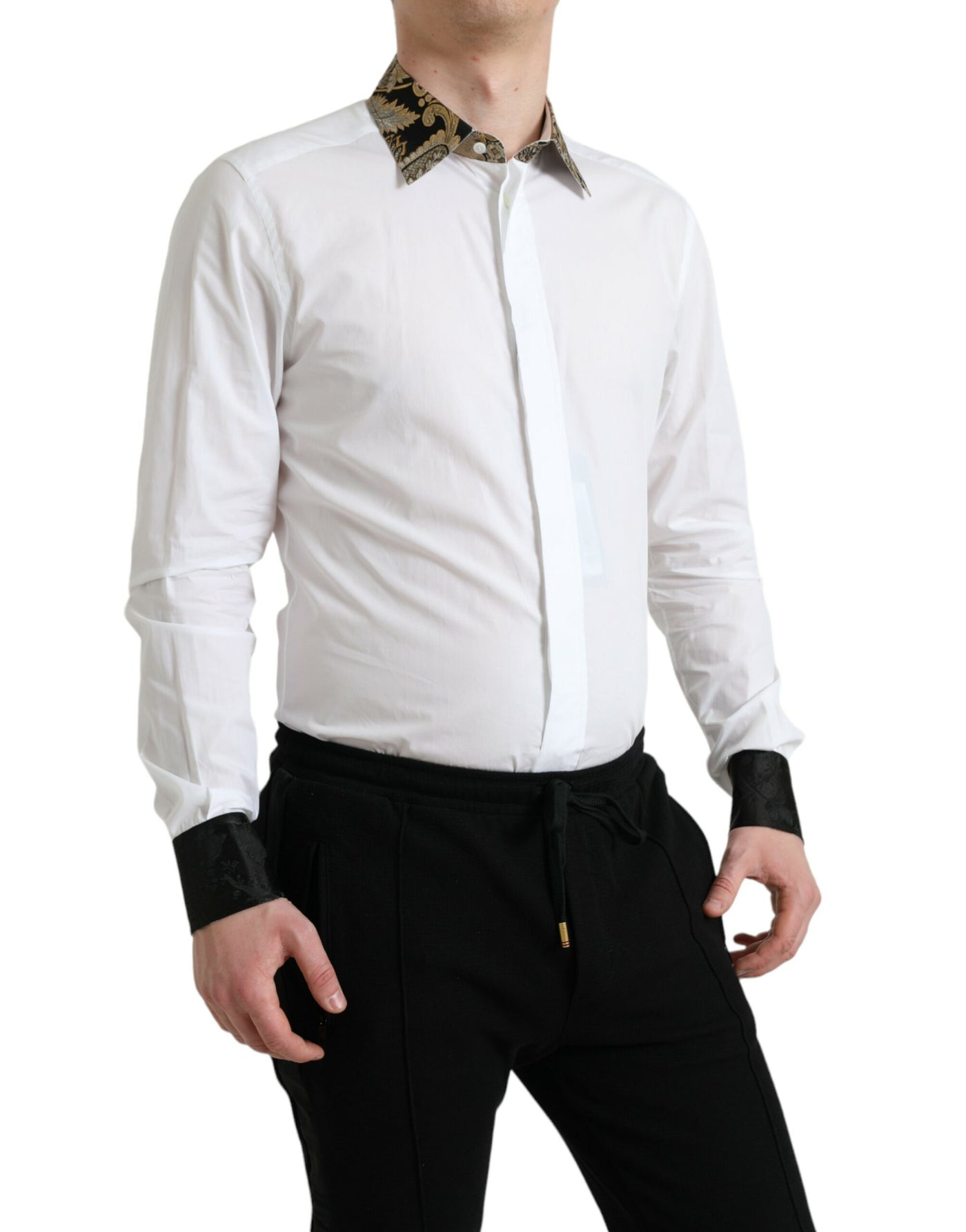 Dolce & Gabbana Weißes Jacquard-Baumwollhemd GOLD Formal Dress Shirt