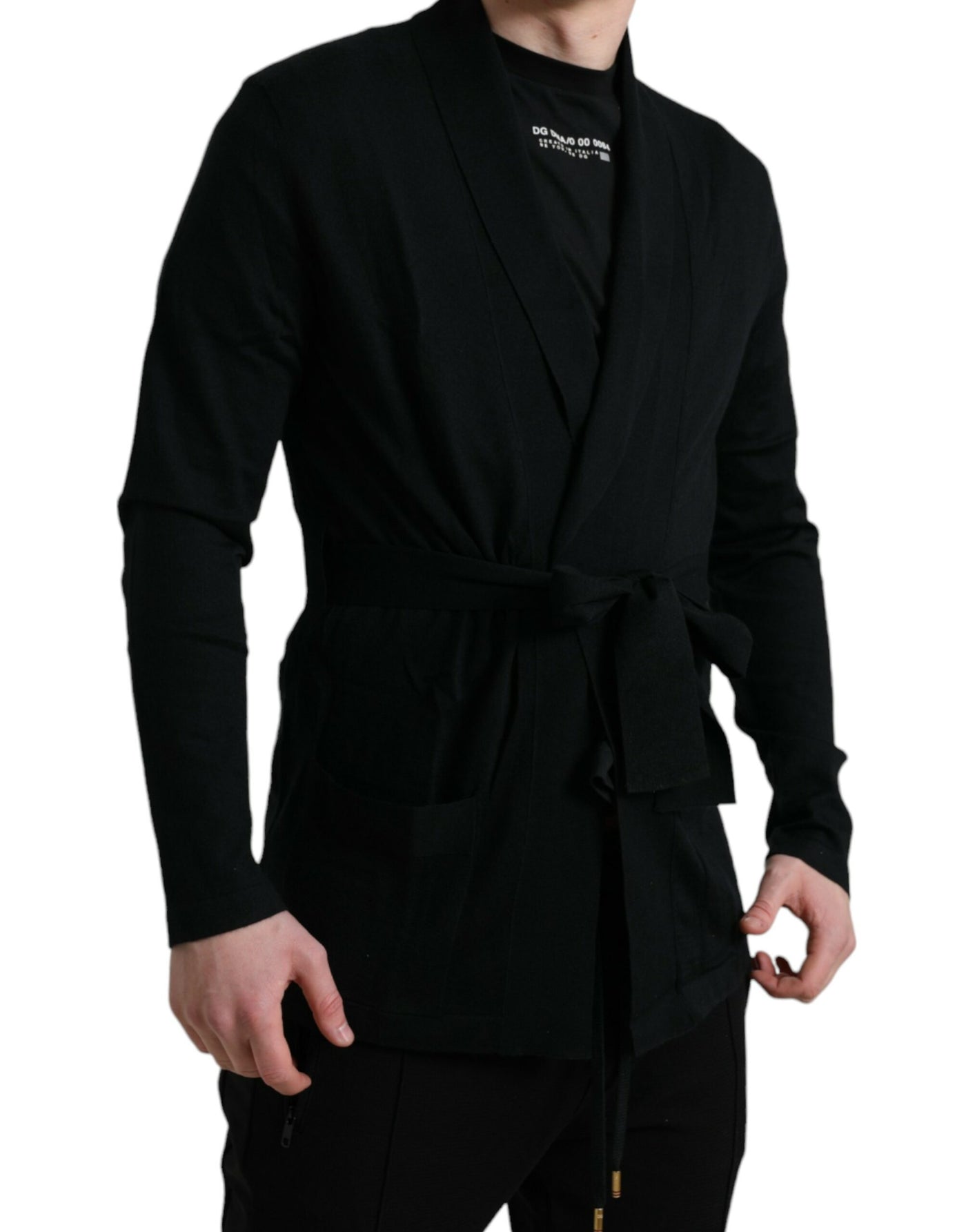 Dolce & Gabbana Schwarzer Kaschmir-Robenmantel mit Gürtel und langen Ärmeln