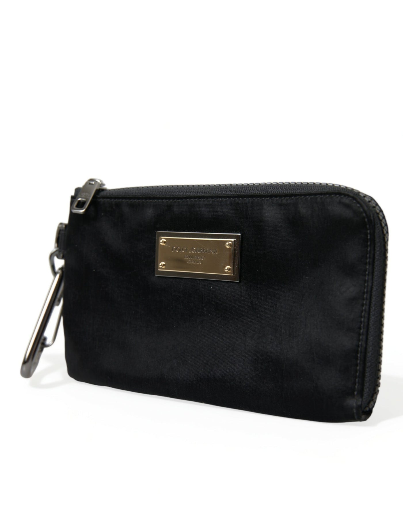 Dolce & Gabbana Schwarzes Nylon Logo Plaque Schlüsselanhänger Beutel Clutch Taschen