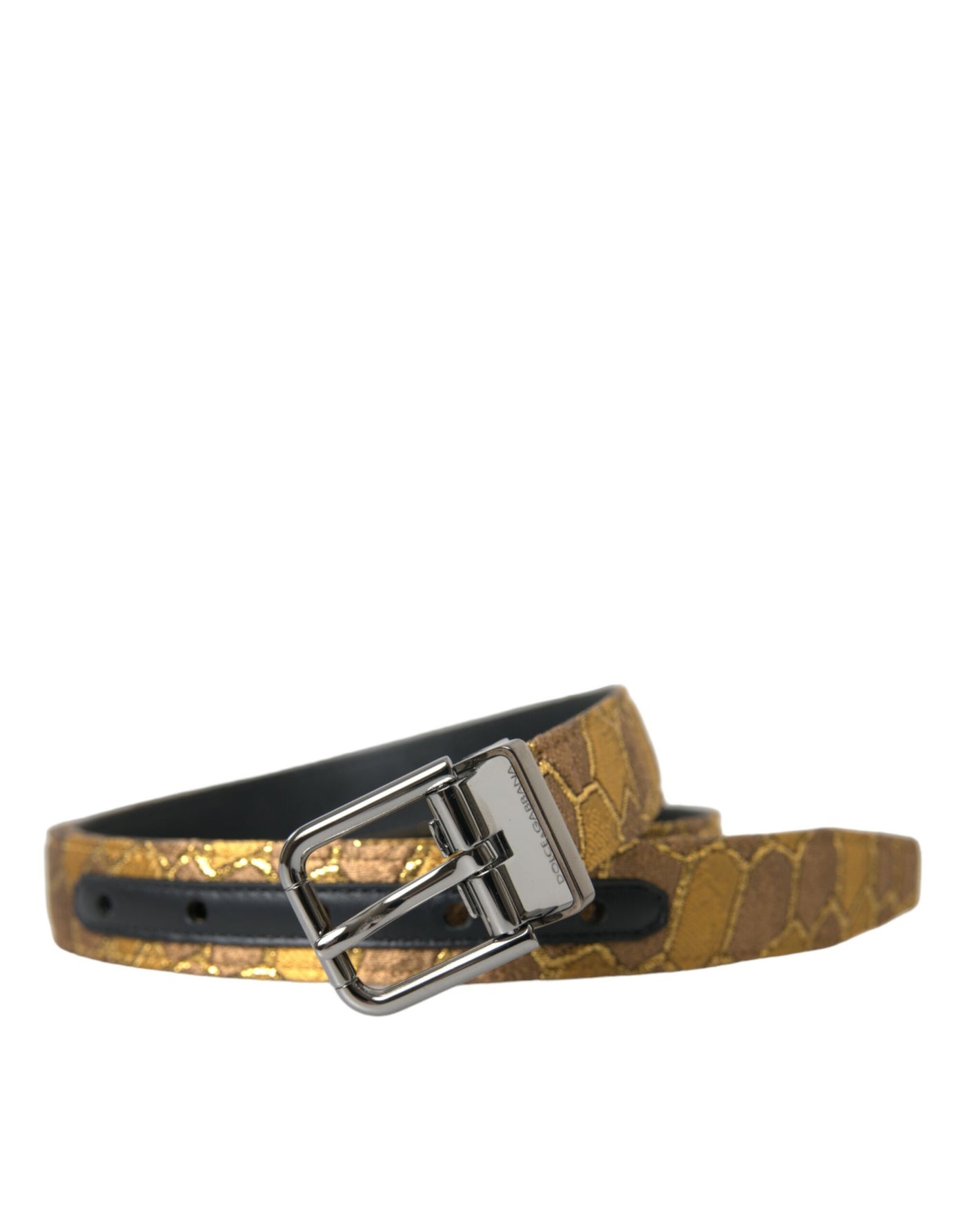 Dolce & Gabbana Goldfarbener Leder-Jacquardgürtel mit silberner Metallschnalle