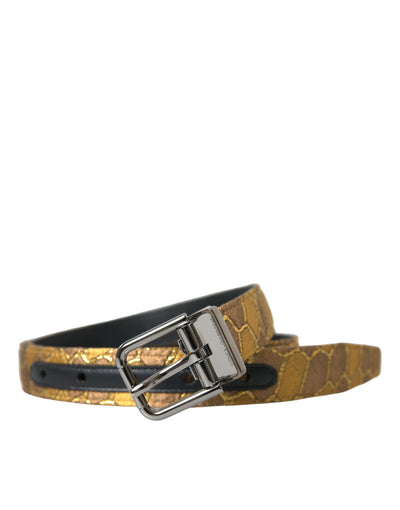 Dolce & Gabbana Goldfarbener Leder-Jacquardgürtel mit silberner Metallschnalle