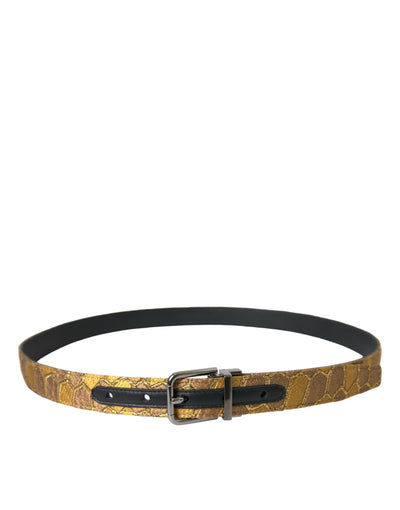 Dolce & Gabbana Goldfarbener Leder-Jacquardgürtel mit silberner Metallschnalle