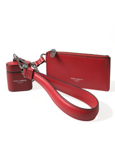 Dolce & Gabbana Rotes Leder Silber Metall Logo Riemen Tasche Airpods Fall