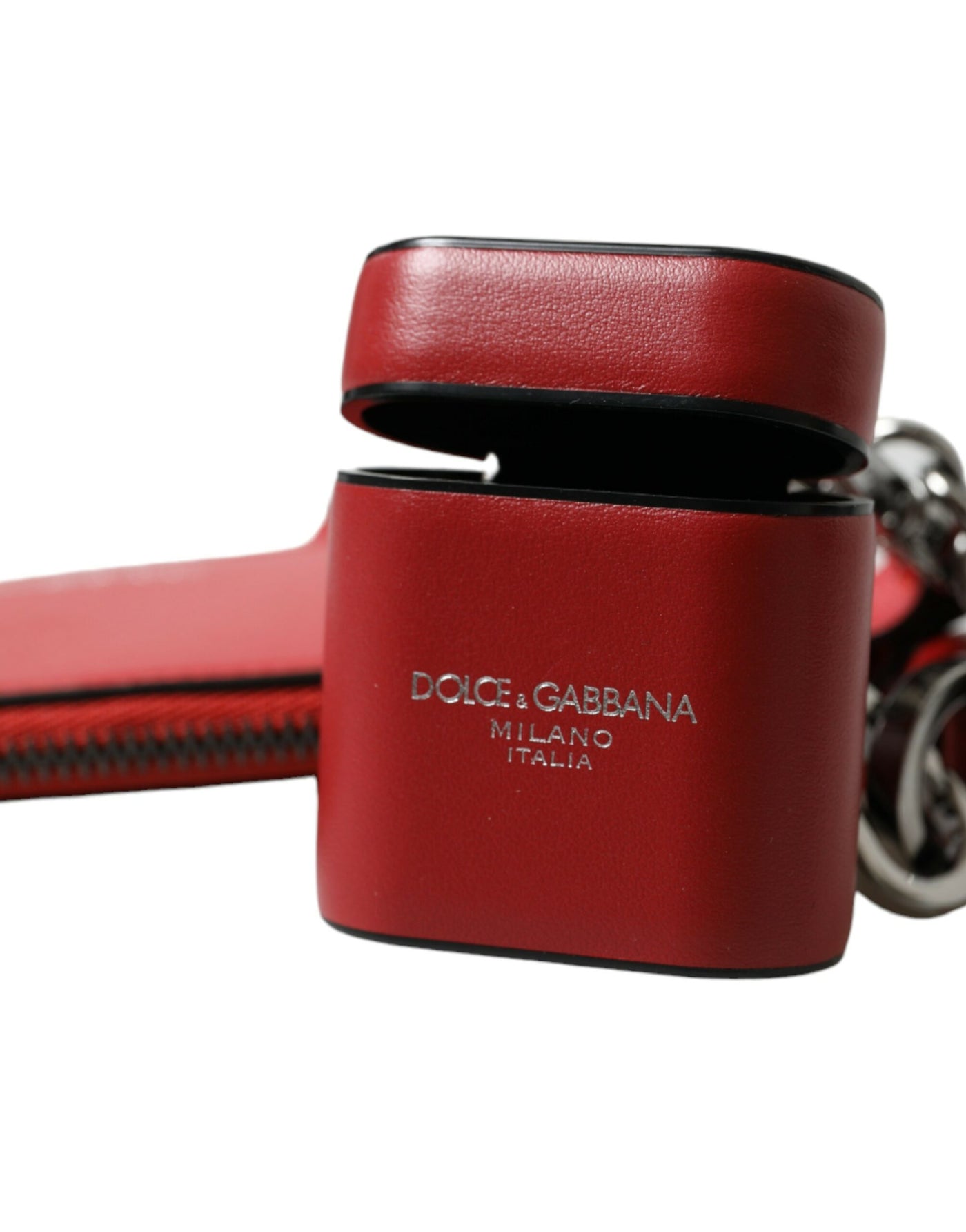 Dolce & Gabbana Rotes Leder Silber Metall Logo Riemen Tasche Airpods Fall