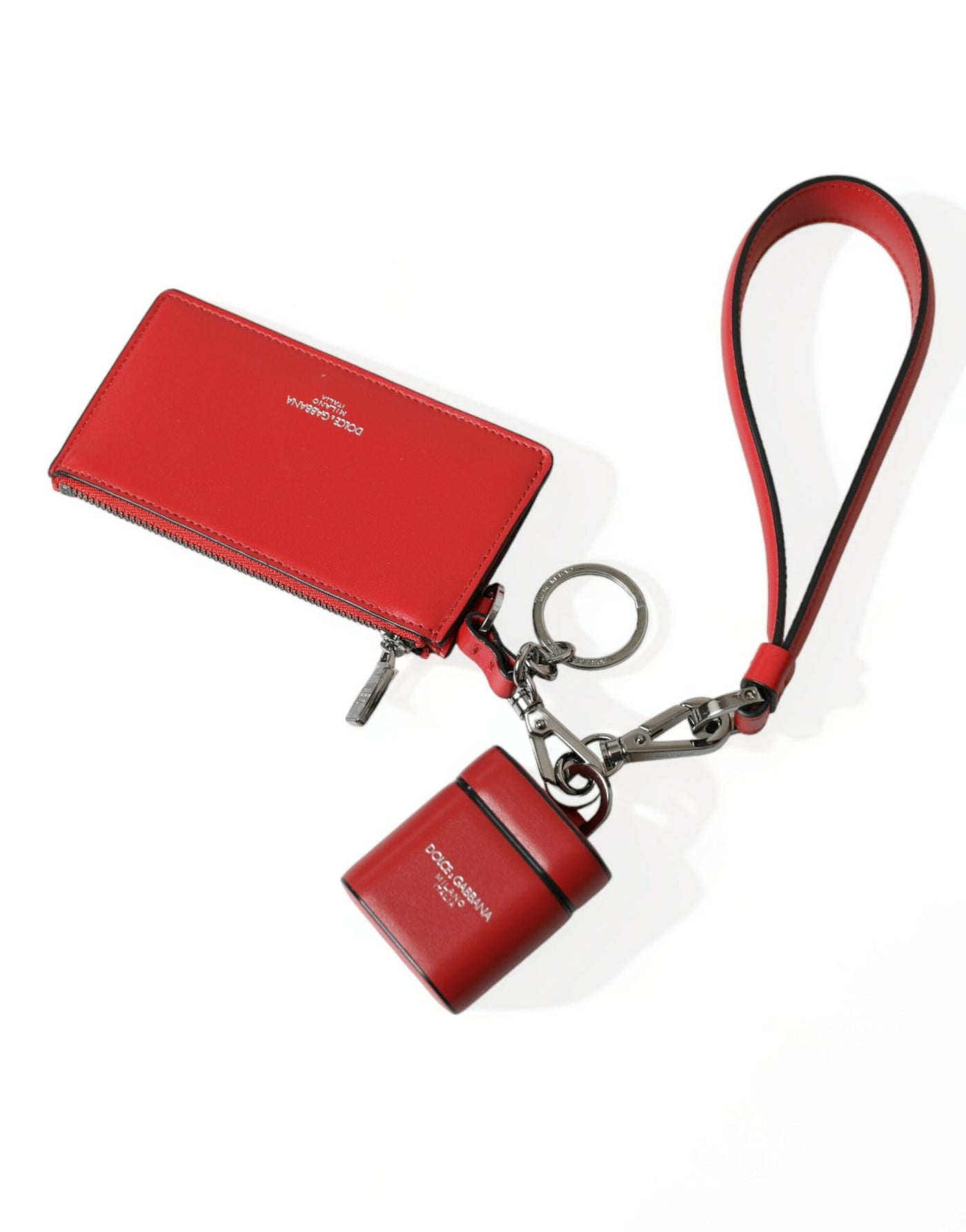 Dolce & Gabbana Rotes Leder Silber Metall Logo Riemen Tasche Airpods Fall