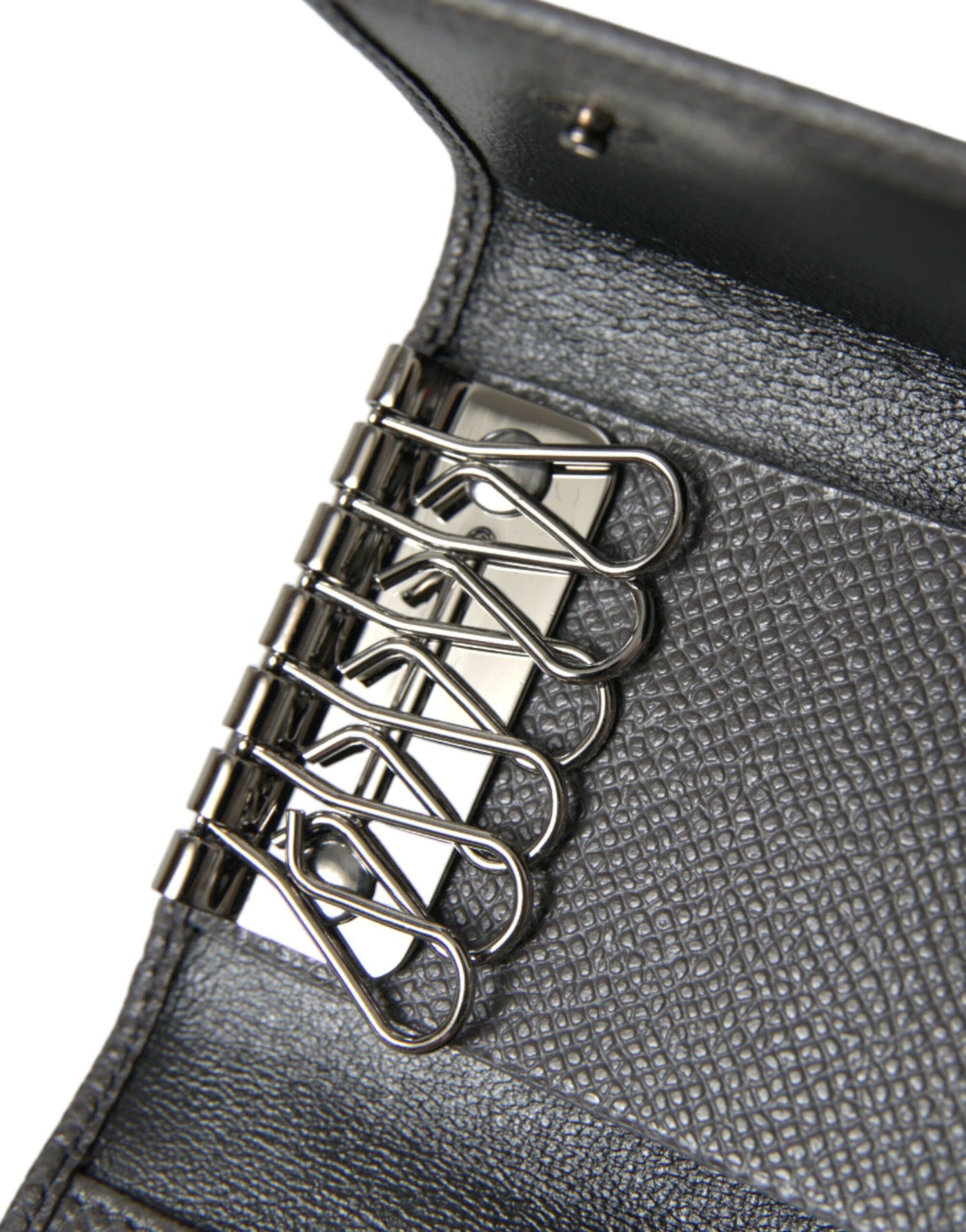 Dolce & Gabbana Graues Leder Silber Metall Logo Plaque Trifold Schlüsselanhänger