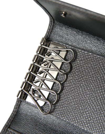 Dolce & Gabbana Graues Leder Silber Metall Logo Plaque Trifold Schlüsselanhänger