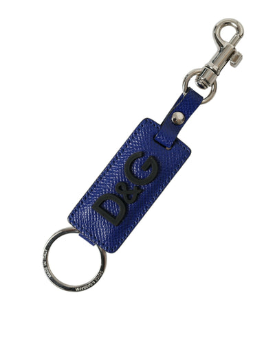Dolce & Gabbana Blaues Kalbsleder DG-Logo Silberner Messing Schlüsselring Schlüsselanhänger