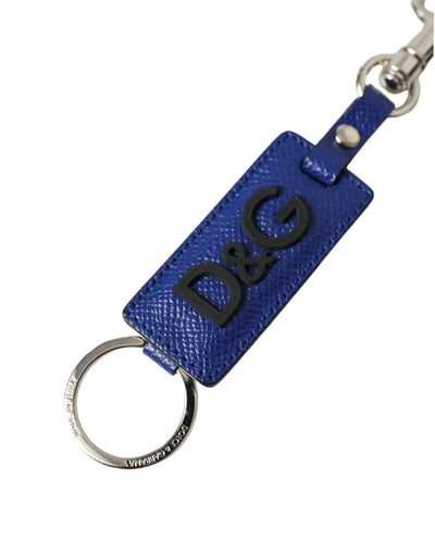 Dolce & Gabbana Blaues Kalbsleder DG-Logo Silberner Messing Schlüsselring Schlüsselanhänger
