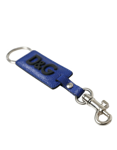 Dolce & Gabbana Blaues Kalbsleder DG-Logo Silberner Messing Schlüsselring Schlüsselanhänger