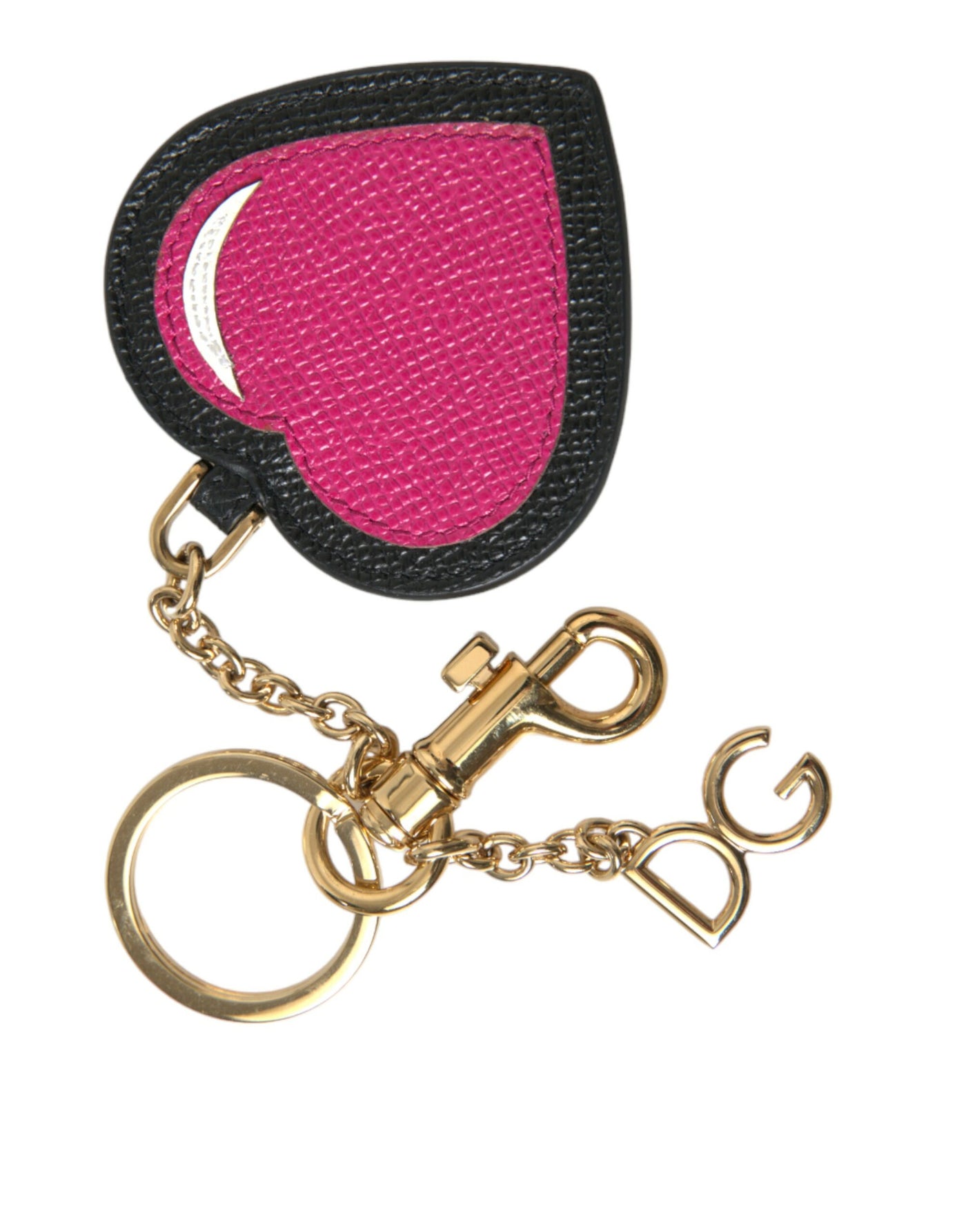 Dolce & Gabbana Rosa Schwarzes Herz Leder Goldton Messing Schlüsselanhänger Schlüsselanhänger