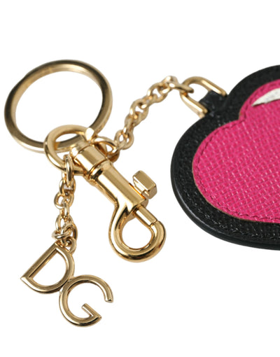 Dolce & Gabbana Rosa Schwarzes Herz Leder Goldton Messing Schlüsselanhänger Schlüsselanhänger